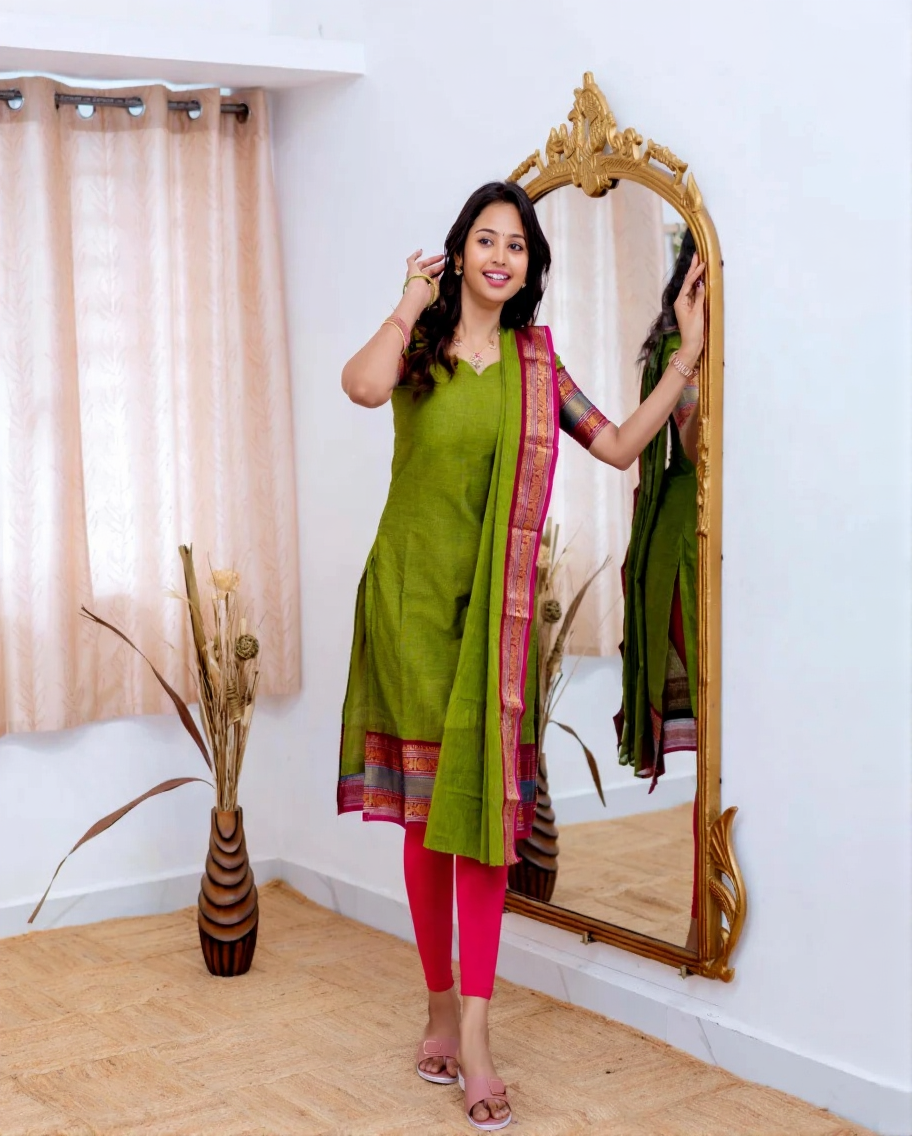 Olive Green Cotton Kurti with Pink Zari Dupatta