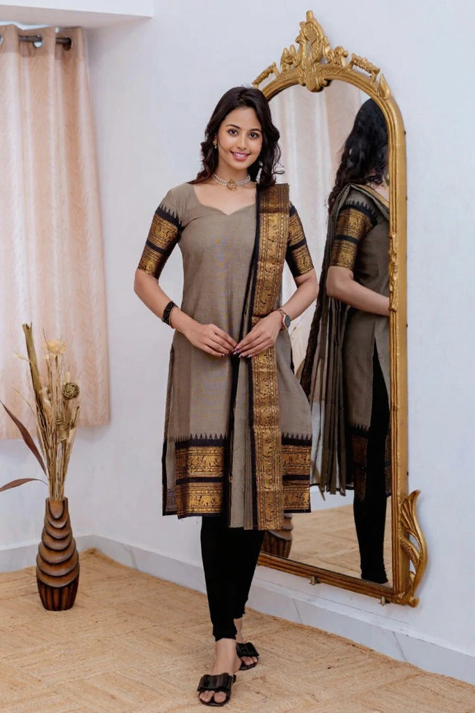 Grey Kanchi Cotton Kurti with Black Dupatta