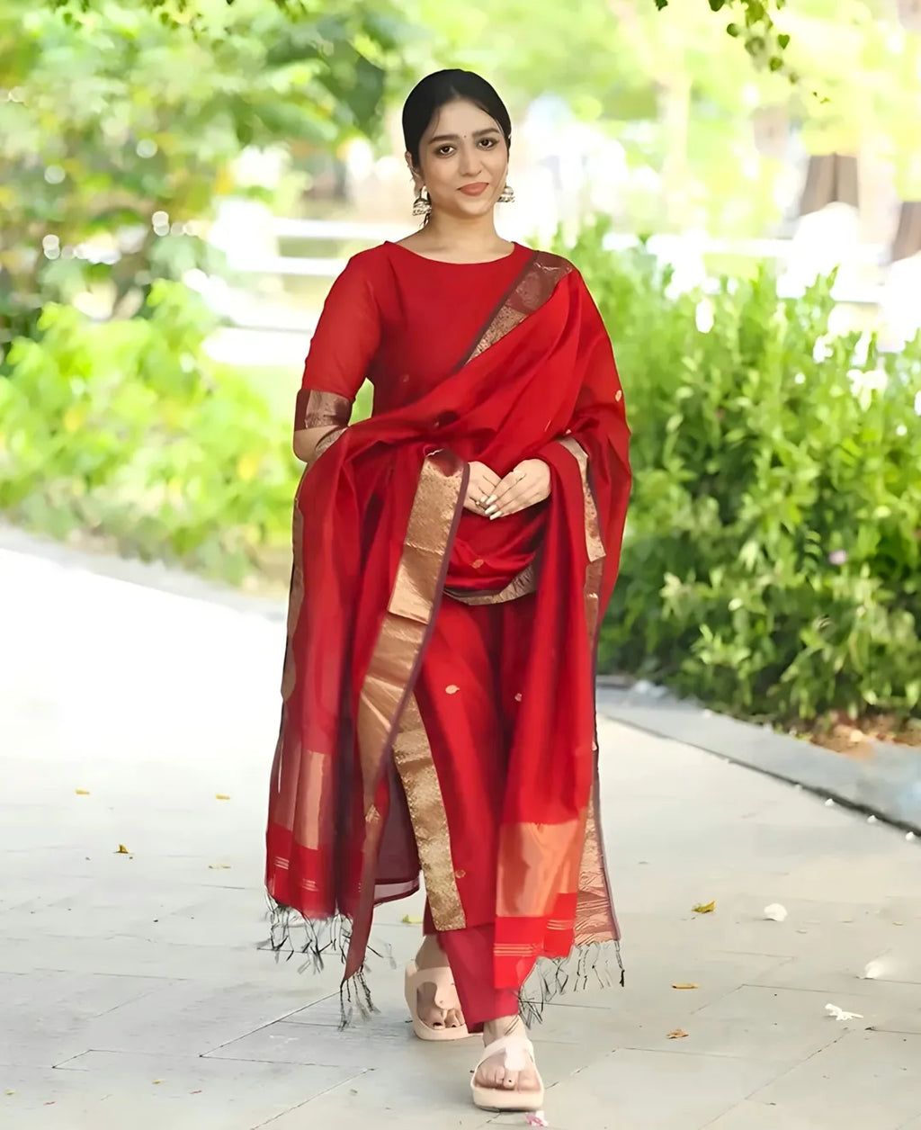 Red Kanchi Cotton Kurti Set with Zari Dupatta