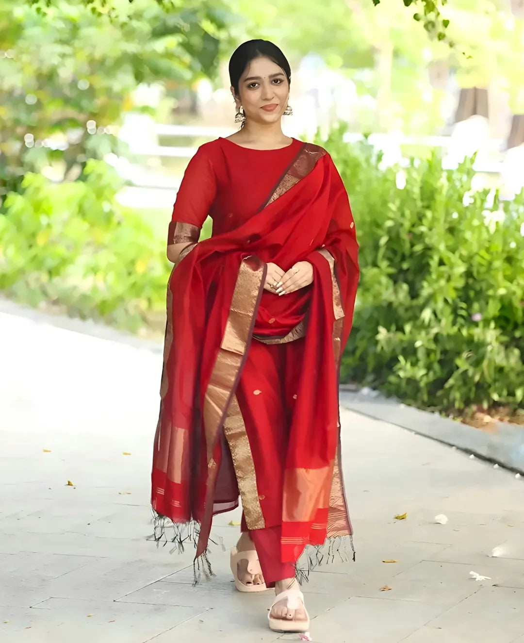 Red Kanchi Cotton Kurti Set with Zari Dupatta