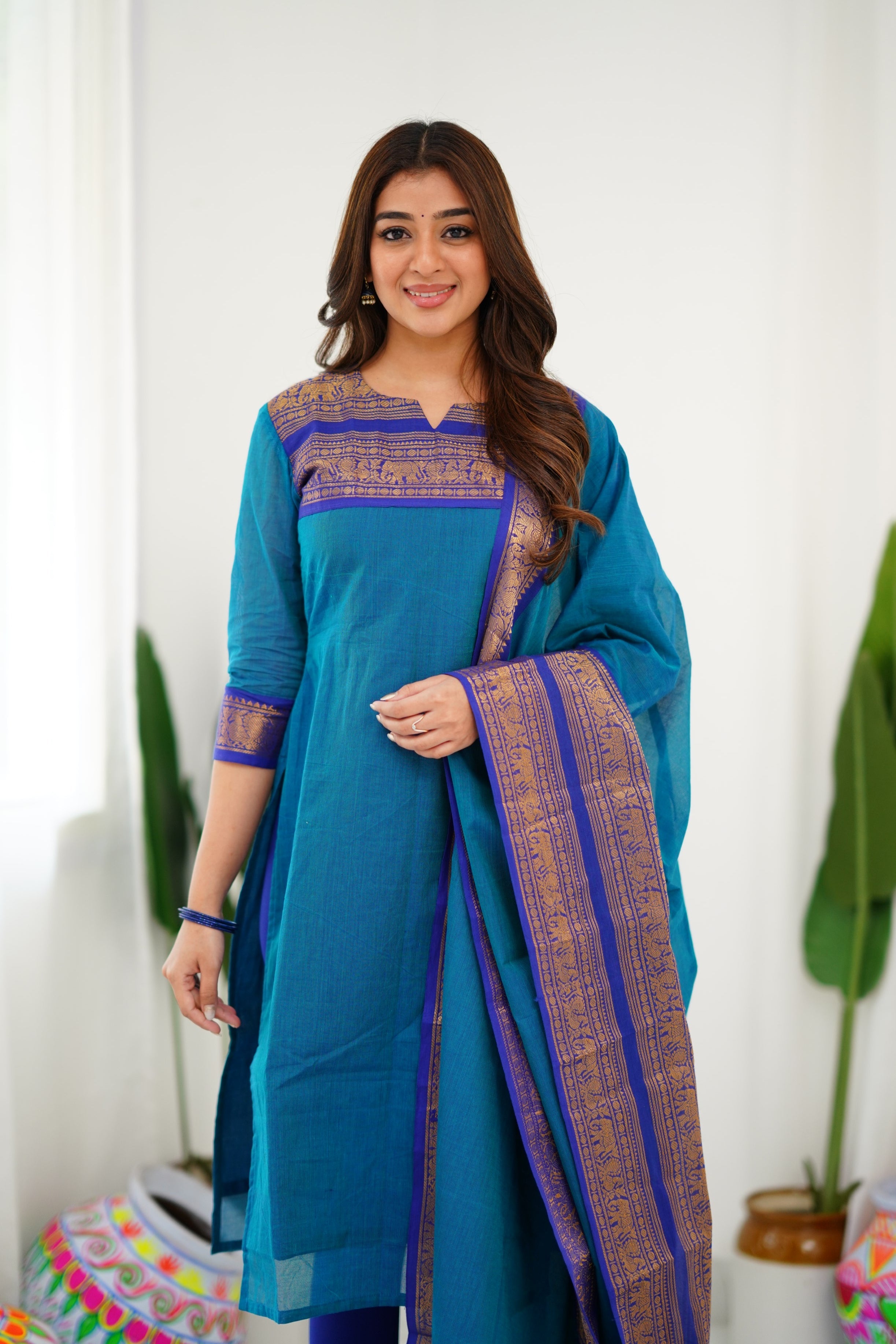 Teal Blue Kanchi Cotton Kurti with Royal Gold Dupatta