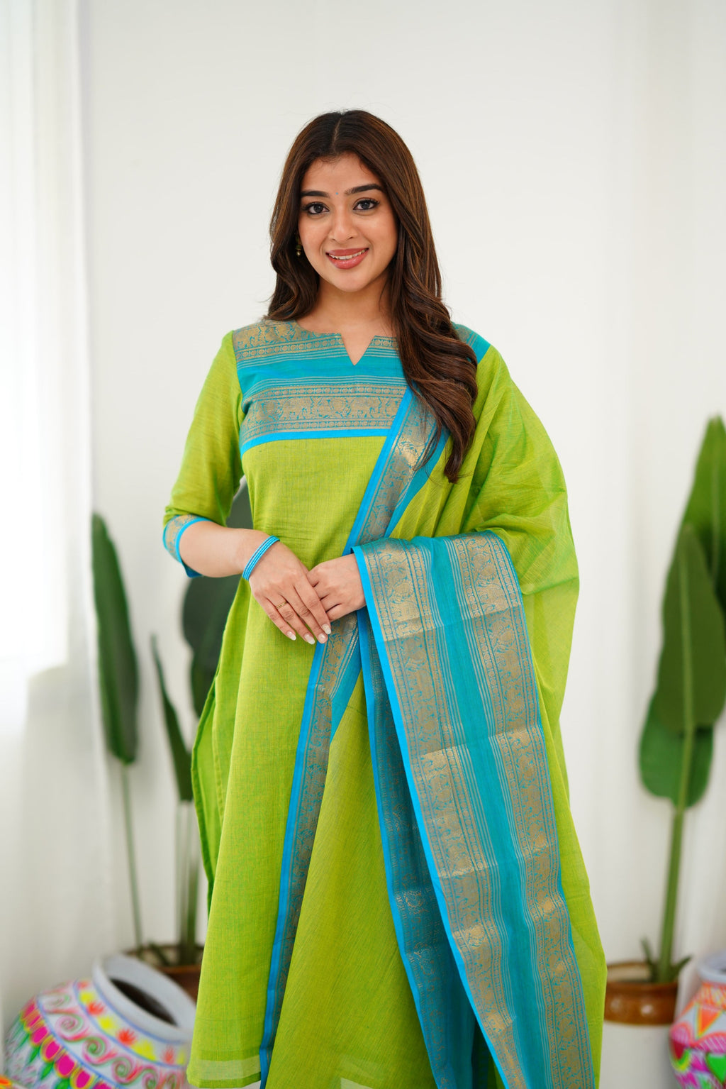 Lime Green Kanchi Cotton Kurti with Teal Gold Dupatta