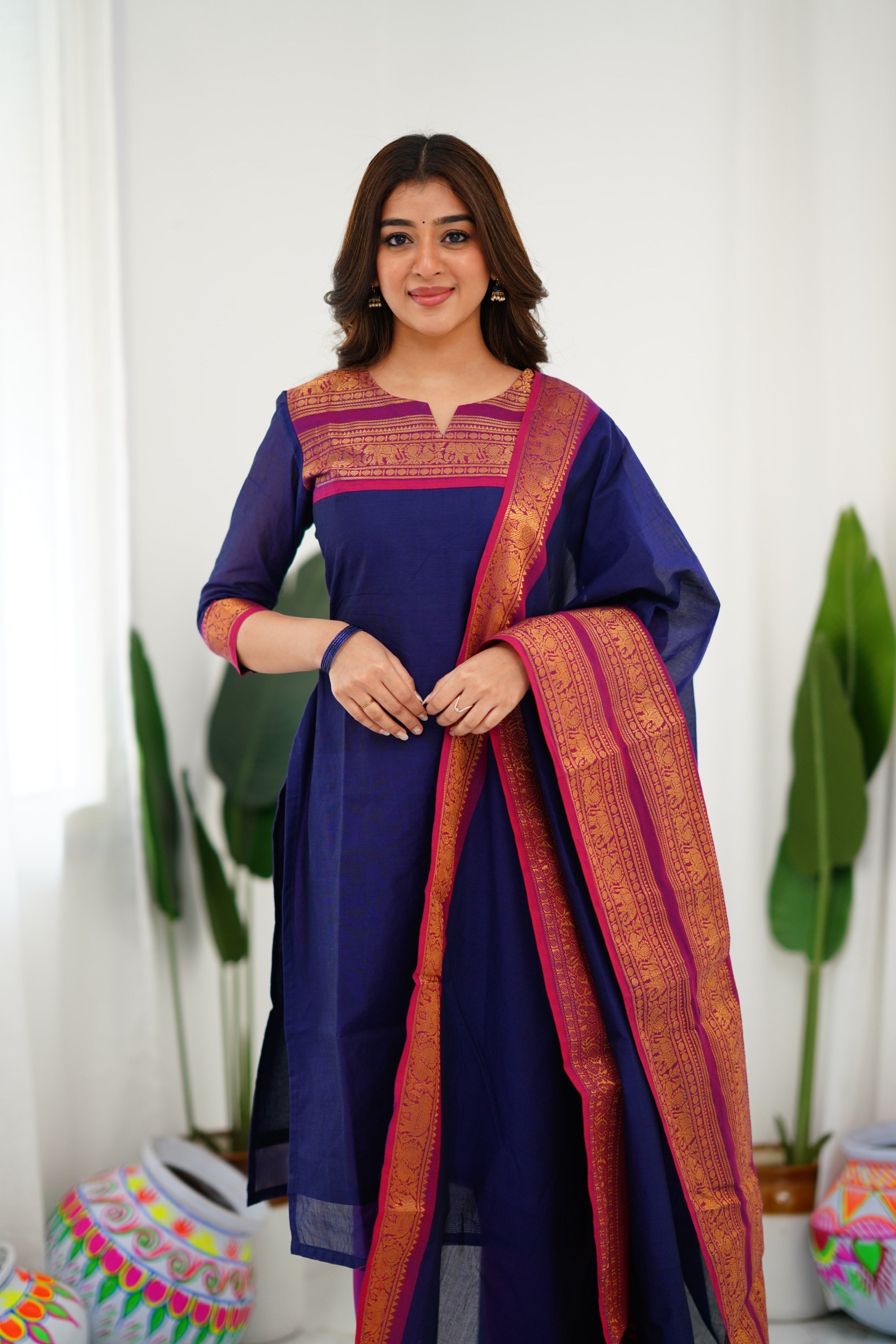 Navy Blue Kanchi Cotton Kurti with Magenta Dupatta