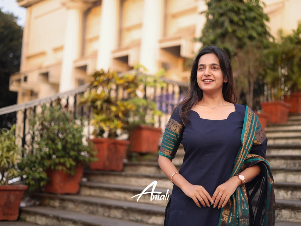 Navy Blue Kanchi Cotton Kurti with Designer Dupatta