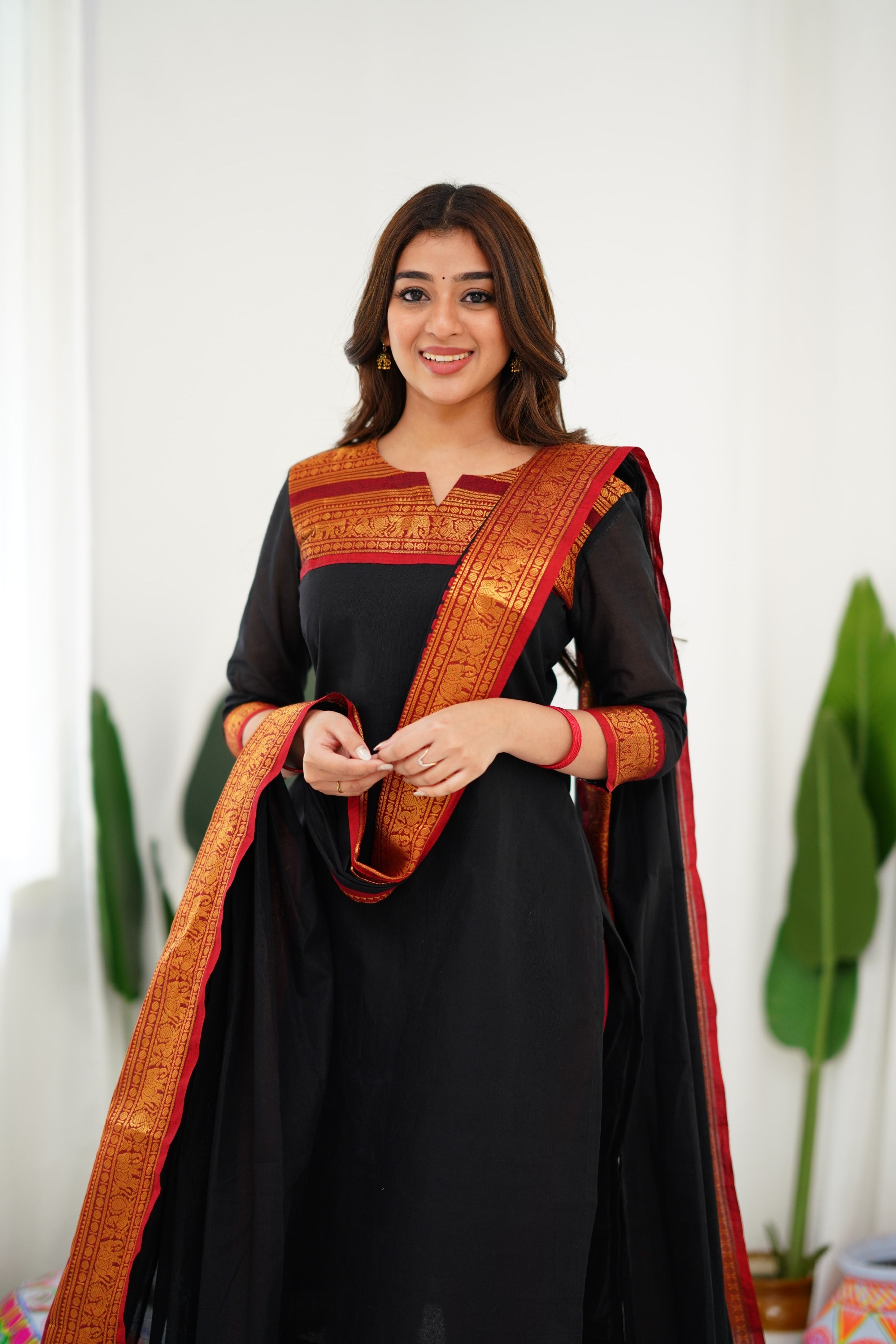 Black Kanchi Cotton Kurti with Red & Gold Dupatta