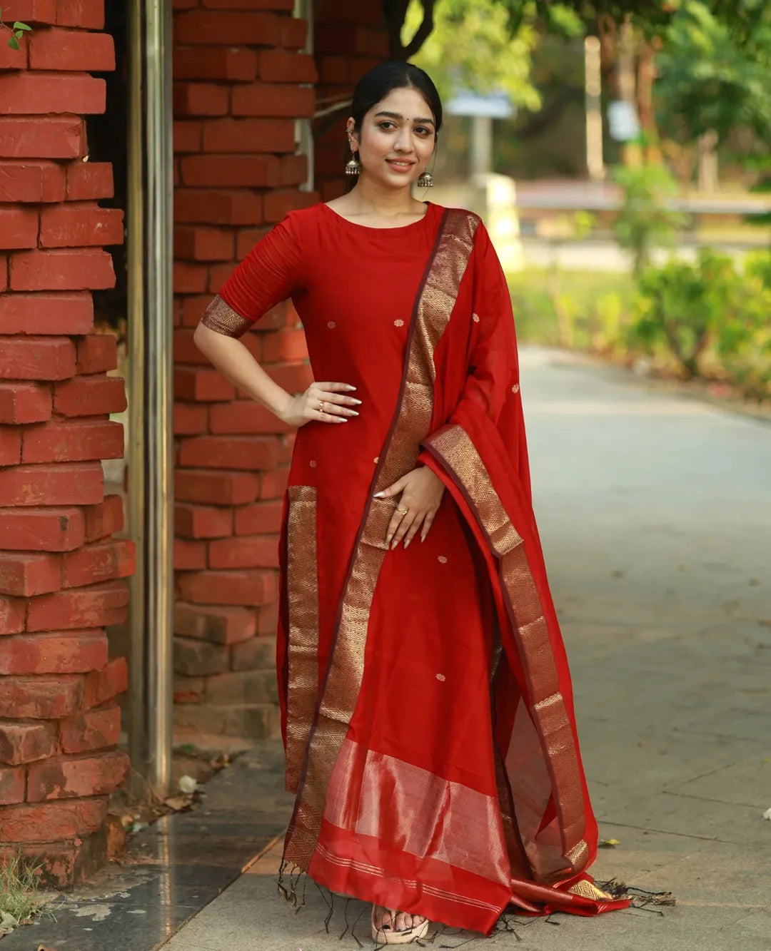 Red Kanchi Cotton Kurti Set with Zari Dupatta