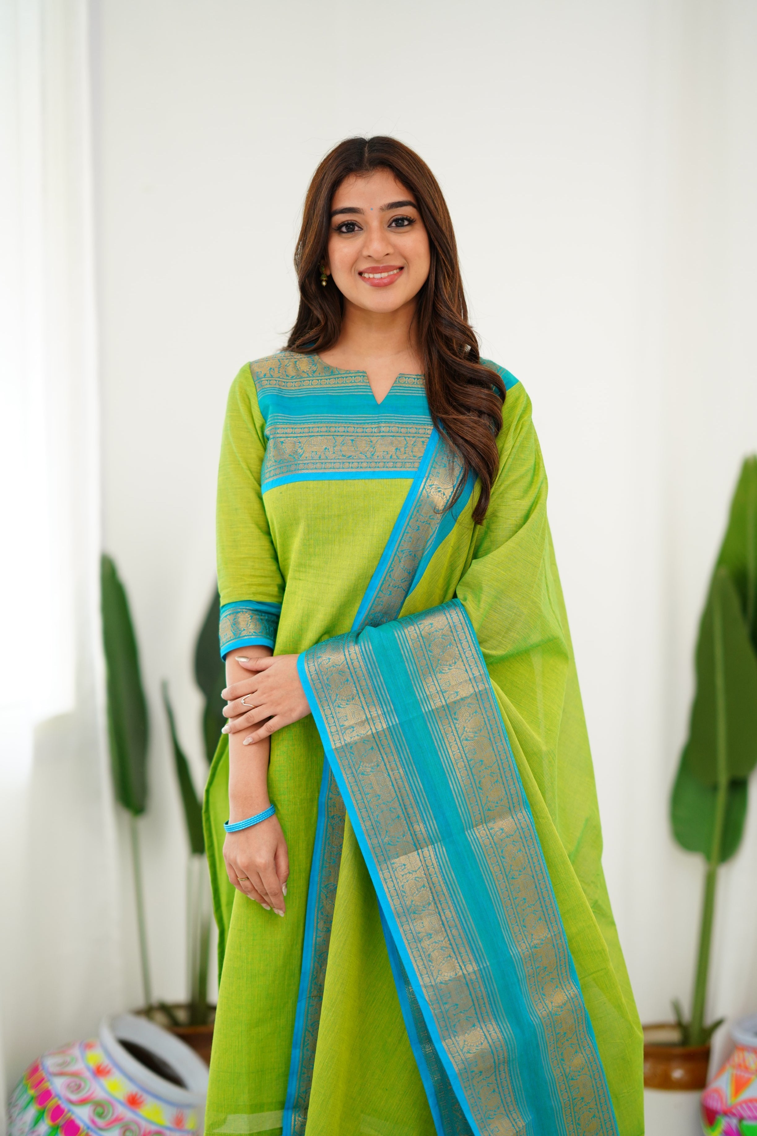 Lime Green Kanchi Cotton Kurti with Teal Gold Dupatta