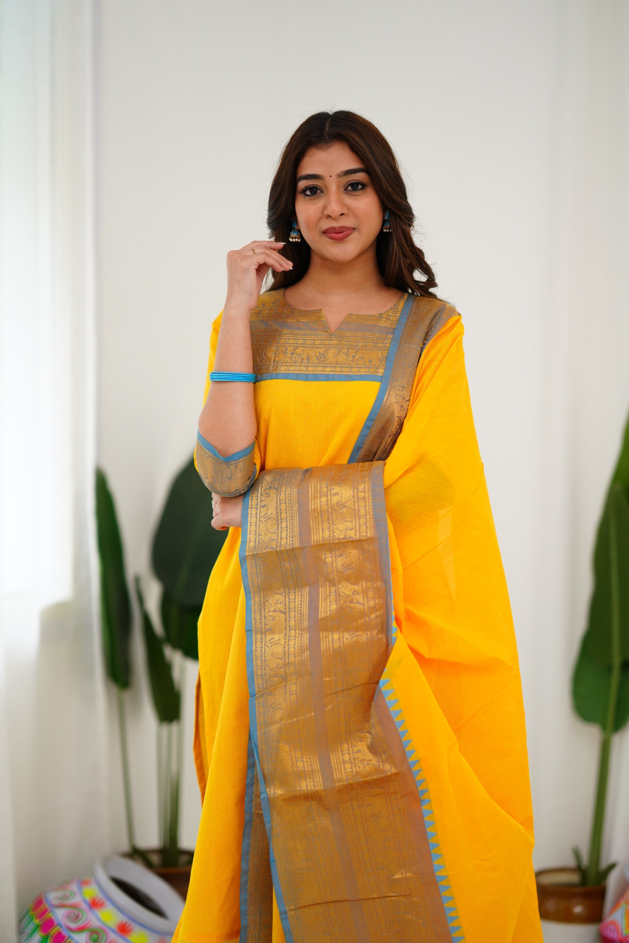 Bright Yellow Kanchi Cotton Kurti with Sky Blue Zari Dupatta
