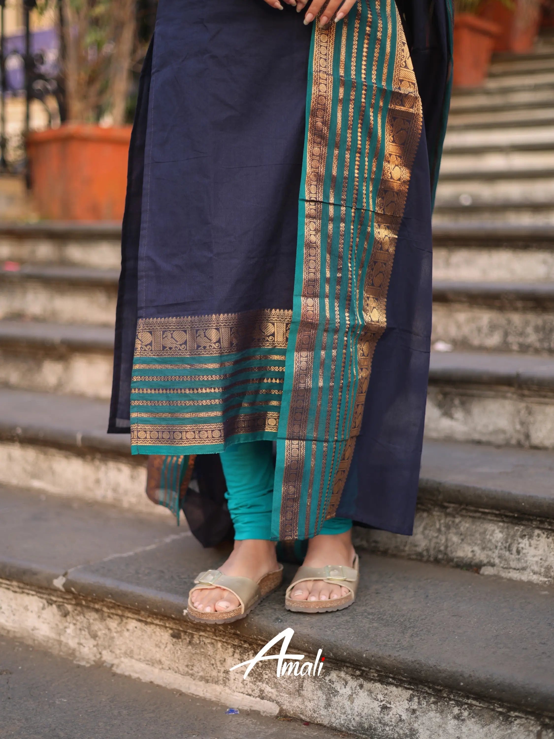 Navy Blue Kanchi Cotton Kurti with Designer Dupatta