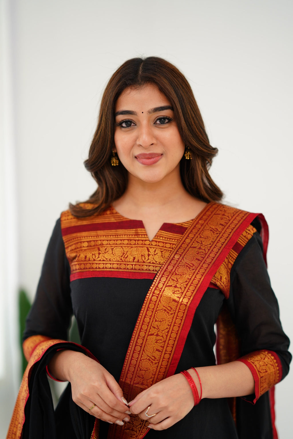 Black Kanchi Cotton Kurti with Red & Gold Dupatta
