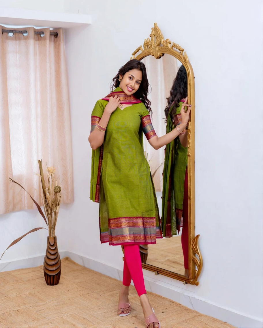 Olive Green Cotton Kurti with Pink Zari Dupatta