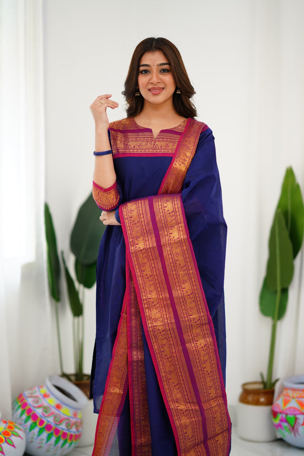 Navy Blue Kanchi Cotton Kurti with Magenta Dupatta