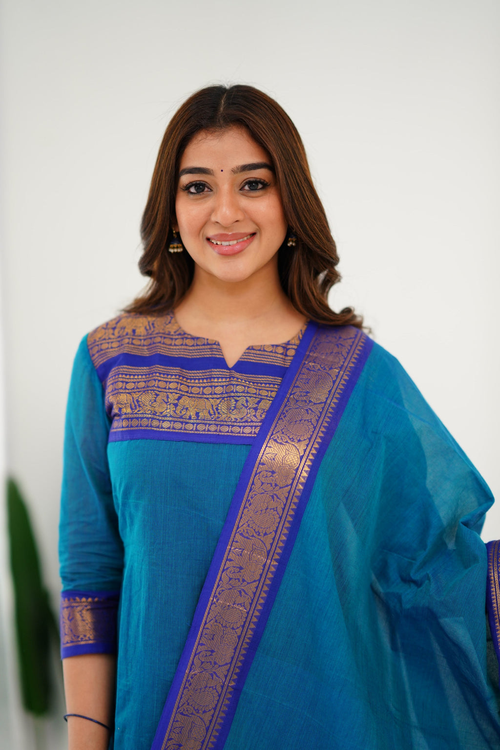 Teal Blue Kanchi Cotton Kurti with Royal Gold Dupatta