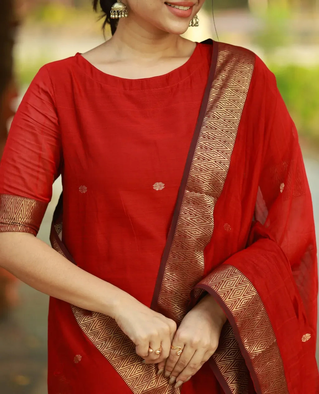 Red Kanchi Cotton Kurti Set with Zari Dupatta