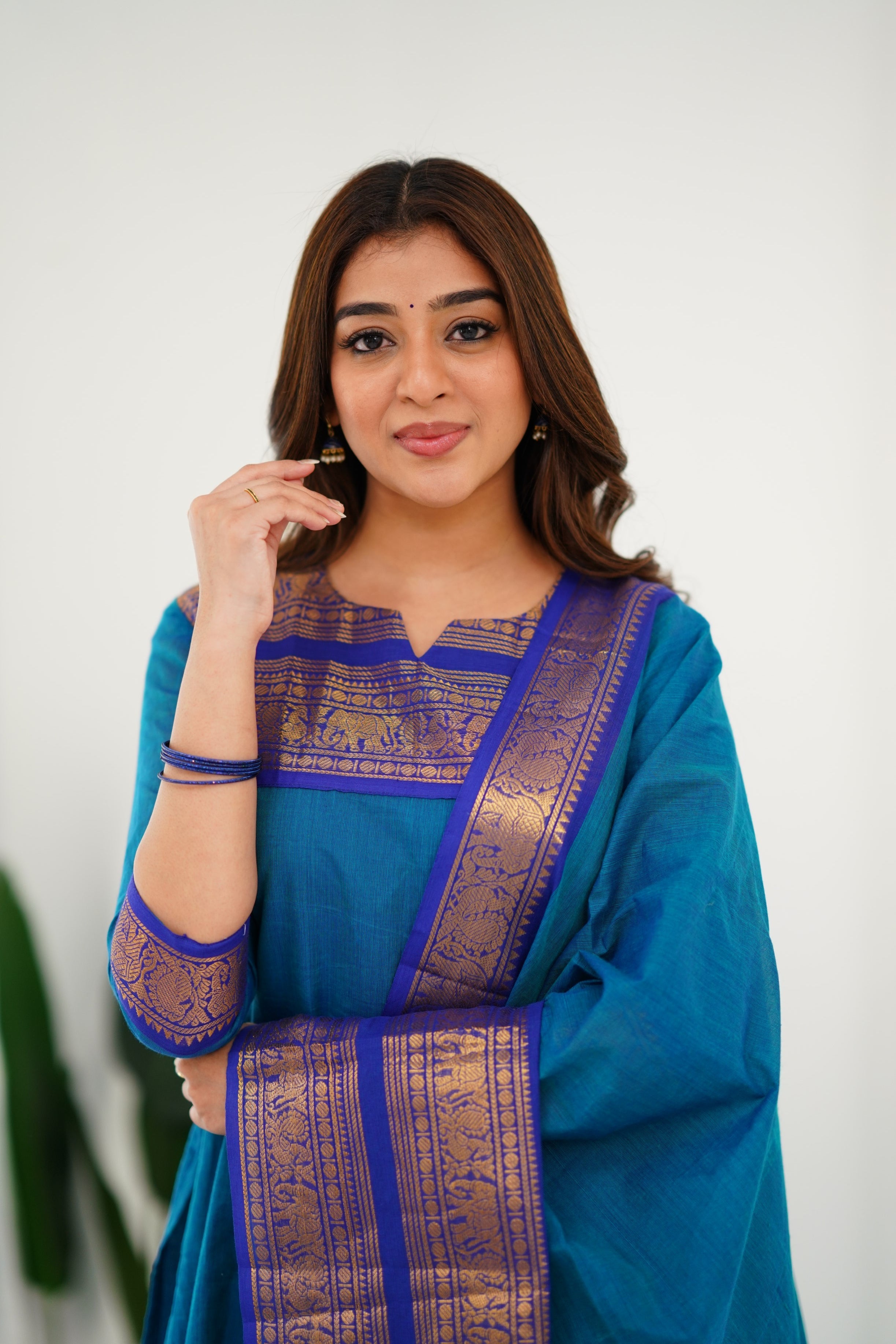 Teal Blue Kanchi Cotton Kurti with Royal Gold Dupatta
