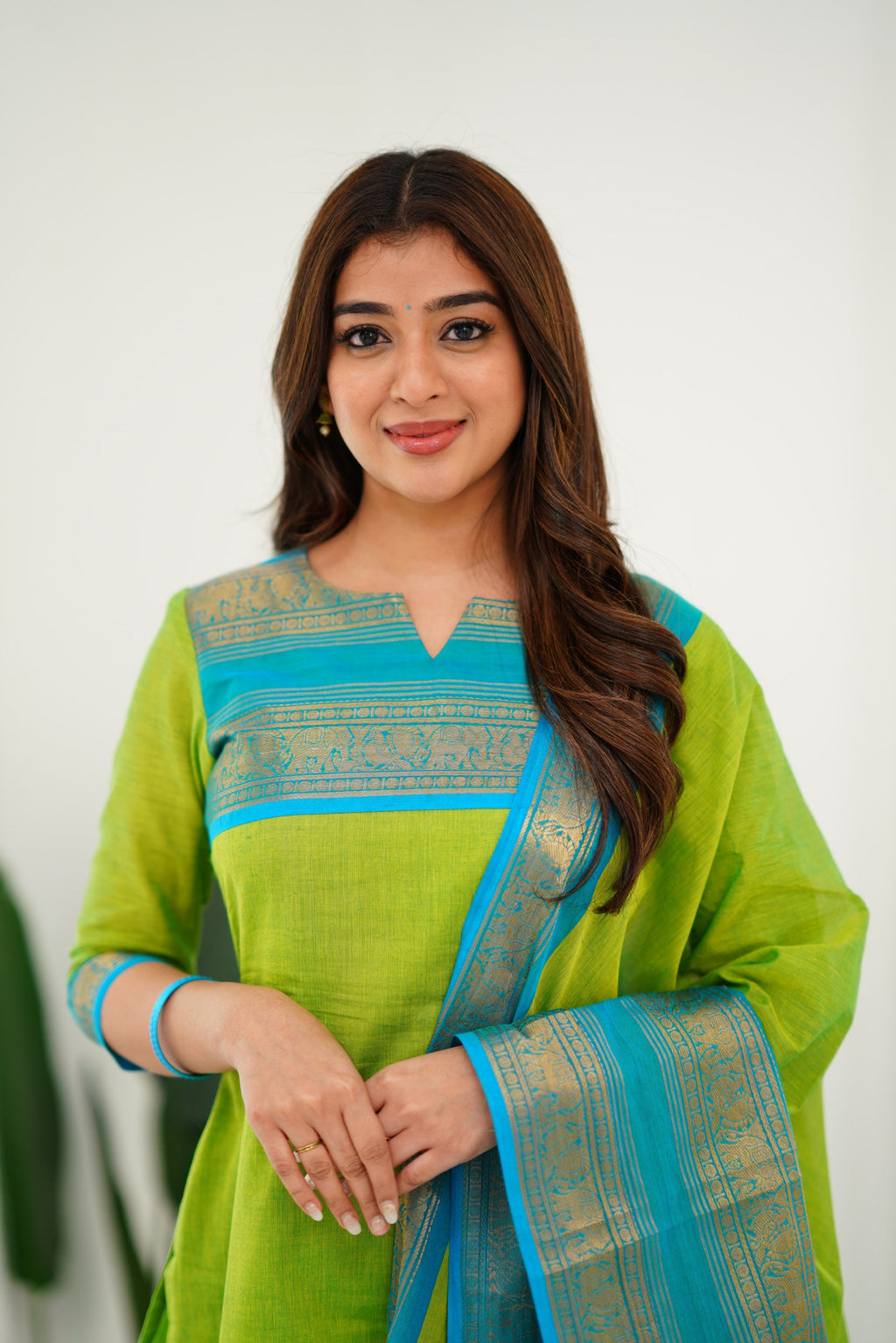 Lime Green Kanchi Cotton Kurti with Teal Gold Dupatta
