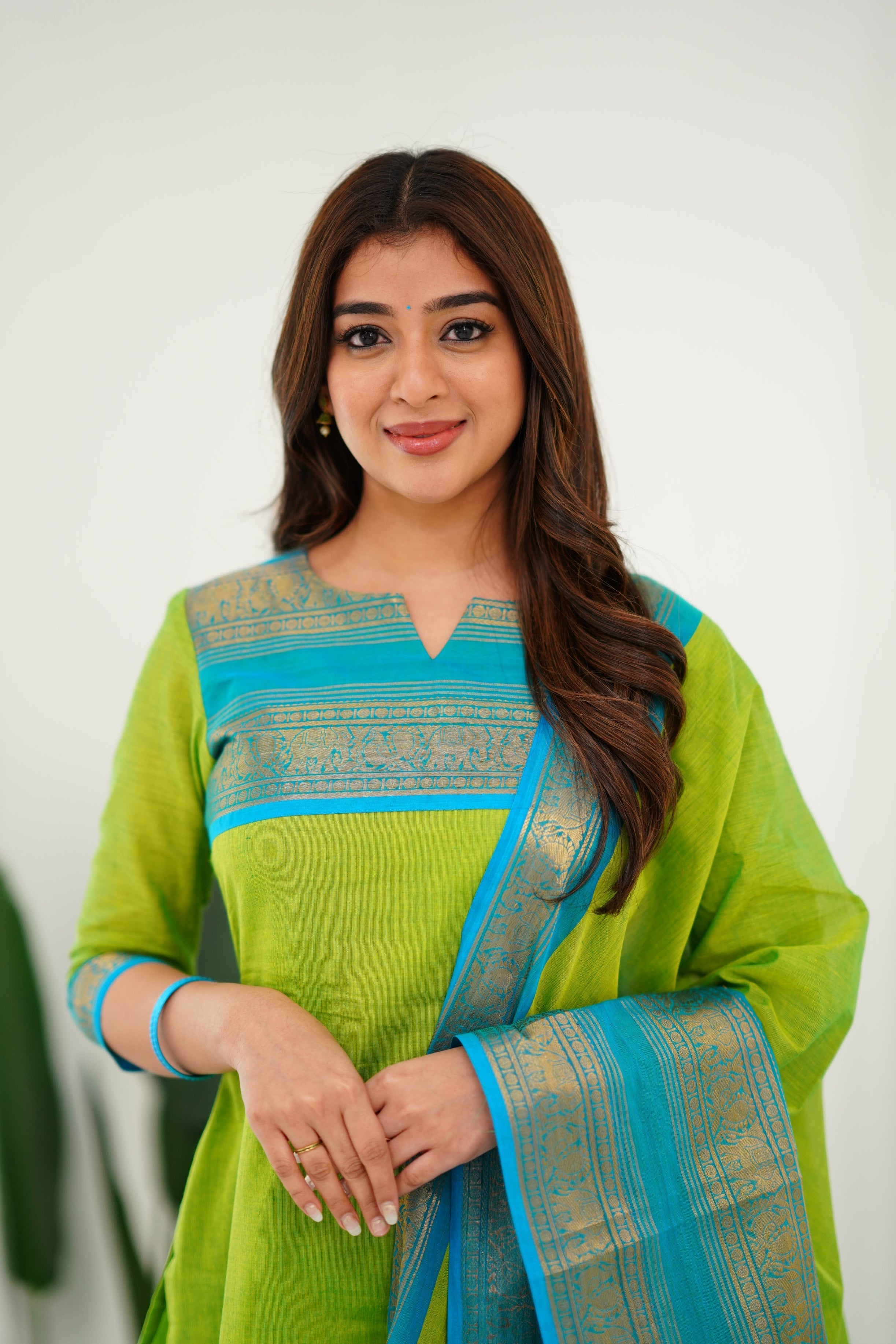 Lime Green Kanchi Cotton Kurti with Teal Gold Dupatta