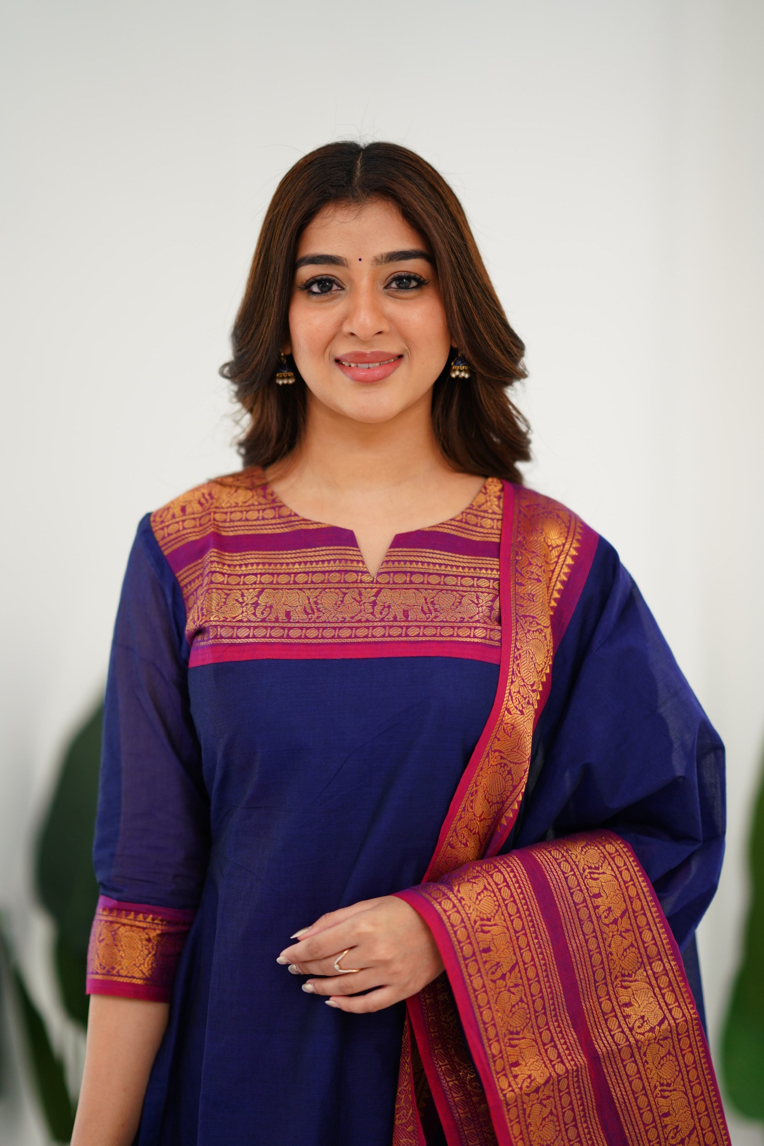 Navy Blue Kanchi Cotton Kurti with Magenta Dupatta
