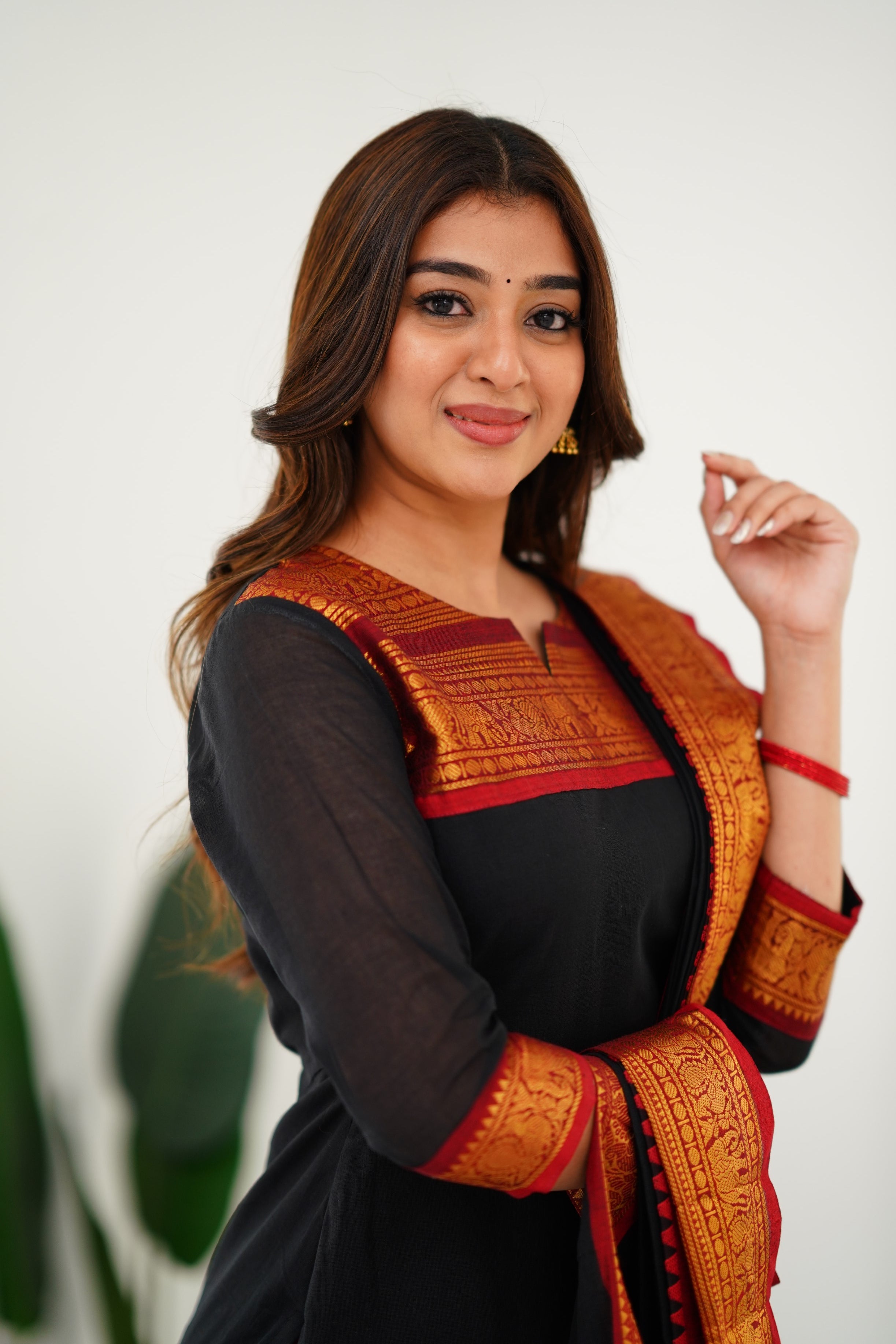 Black Kanchi Cotton Kurti with Red & Gold Dupatta