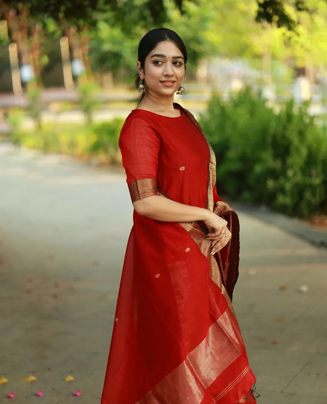 Red Kanchi Cotton Kurti Set with Zari Dupatta