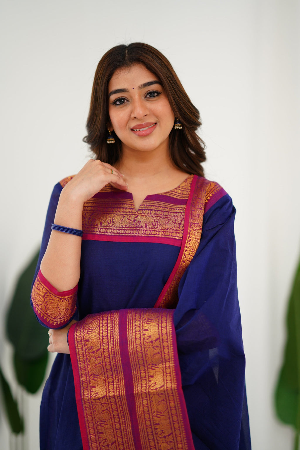 Navy Blue Kanchi Cotton Kurti with Magenta Dupatta