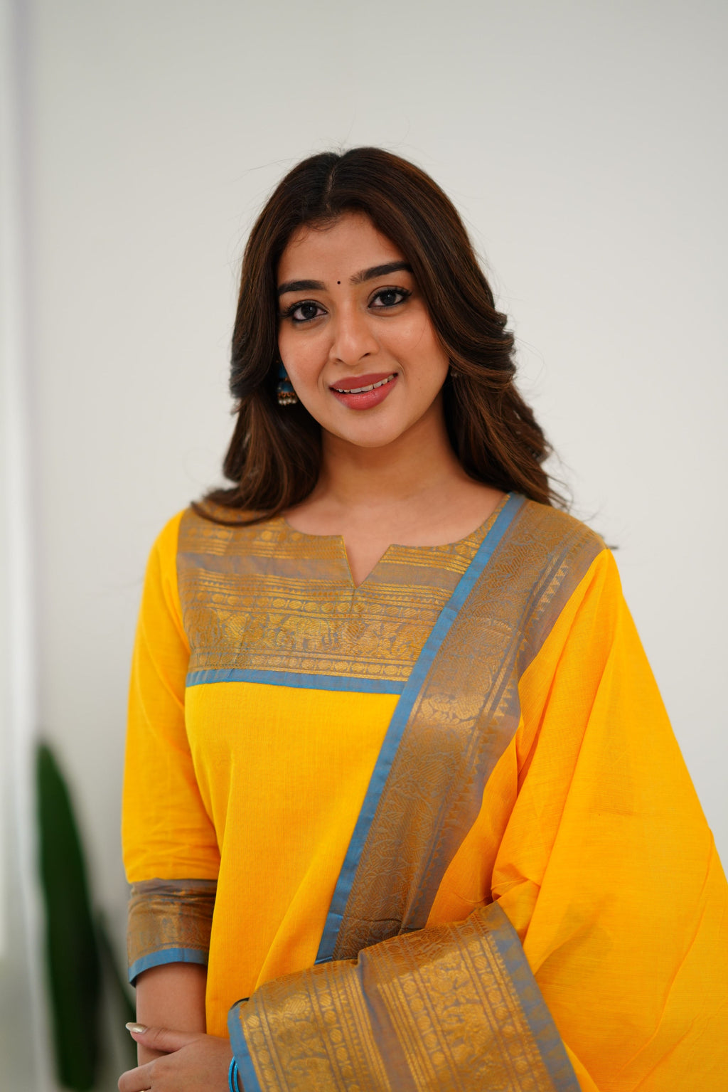 Bright Yellow Kanchi Cotton Kurti with Sky Blue Zari Dupatta