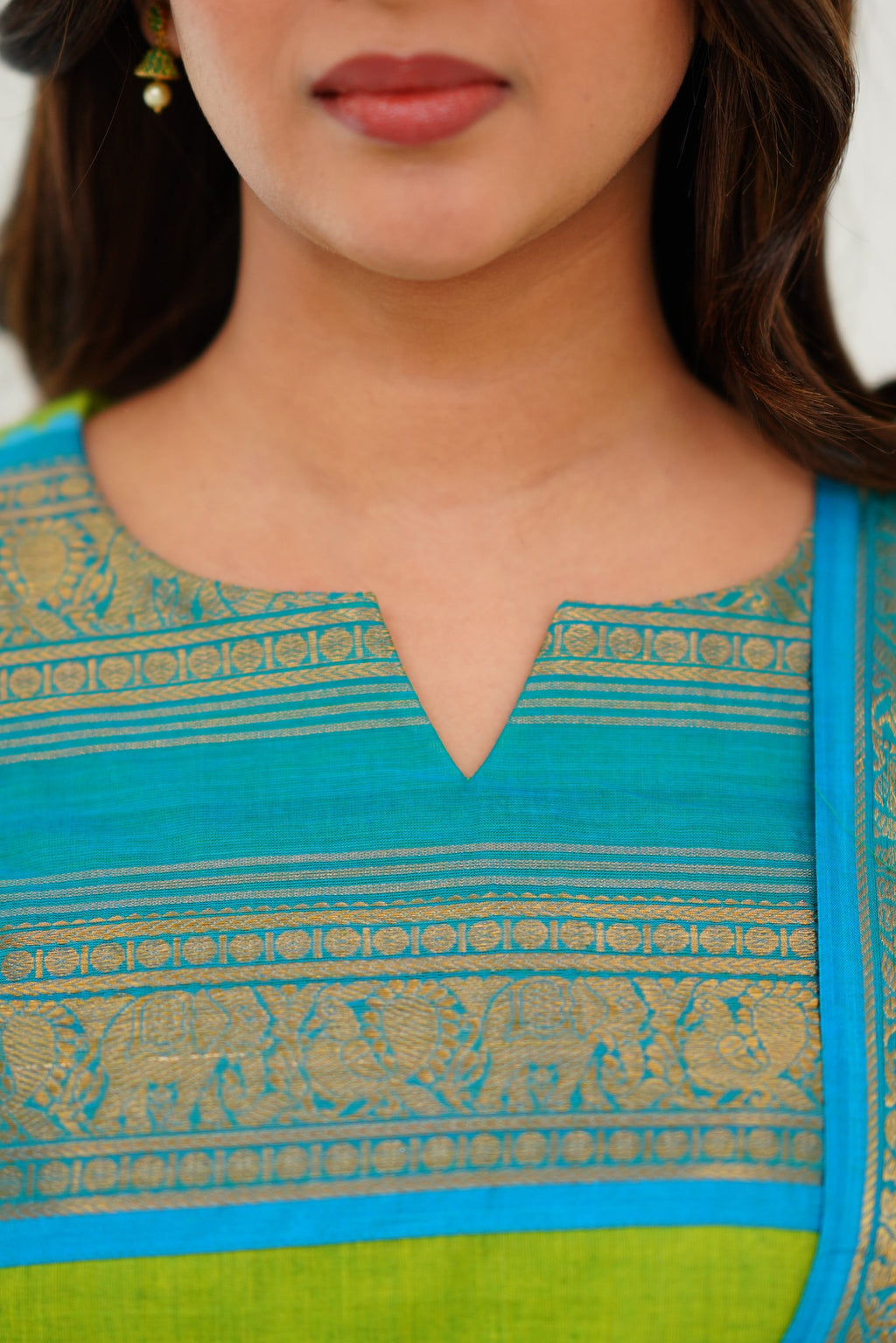 Lime Green Kanchi Cotton Kurti with Teal Gold Dupatta