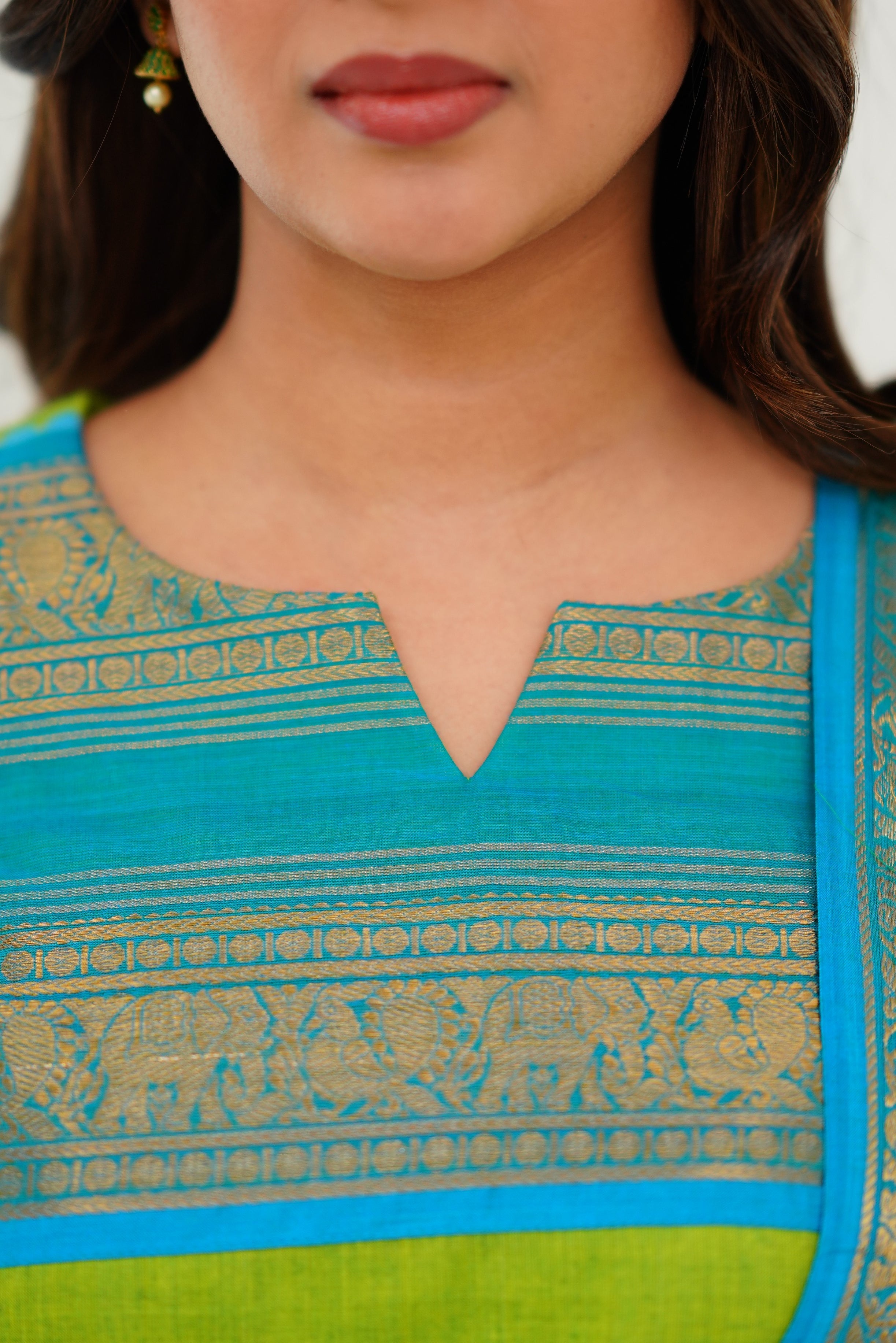 Lime Green Kanchi Cotton Kurti with Teal Gold Dupatta