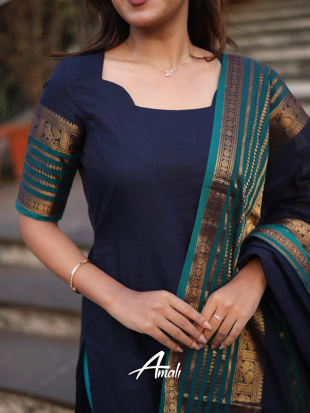 Navy Blue Kanchi Cotton Kurti with Designer Dupatta