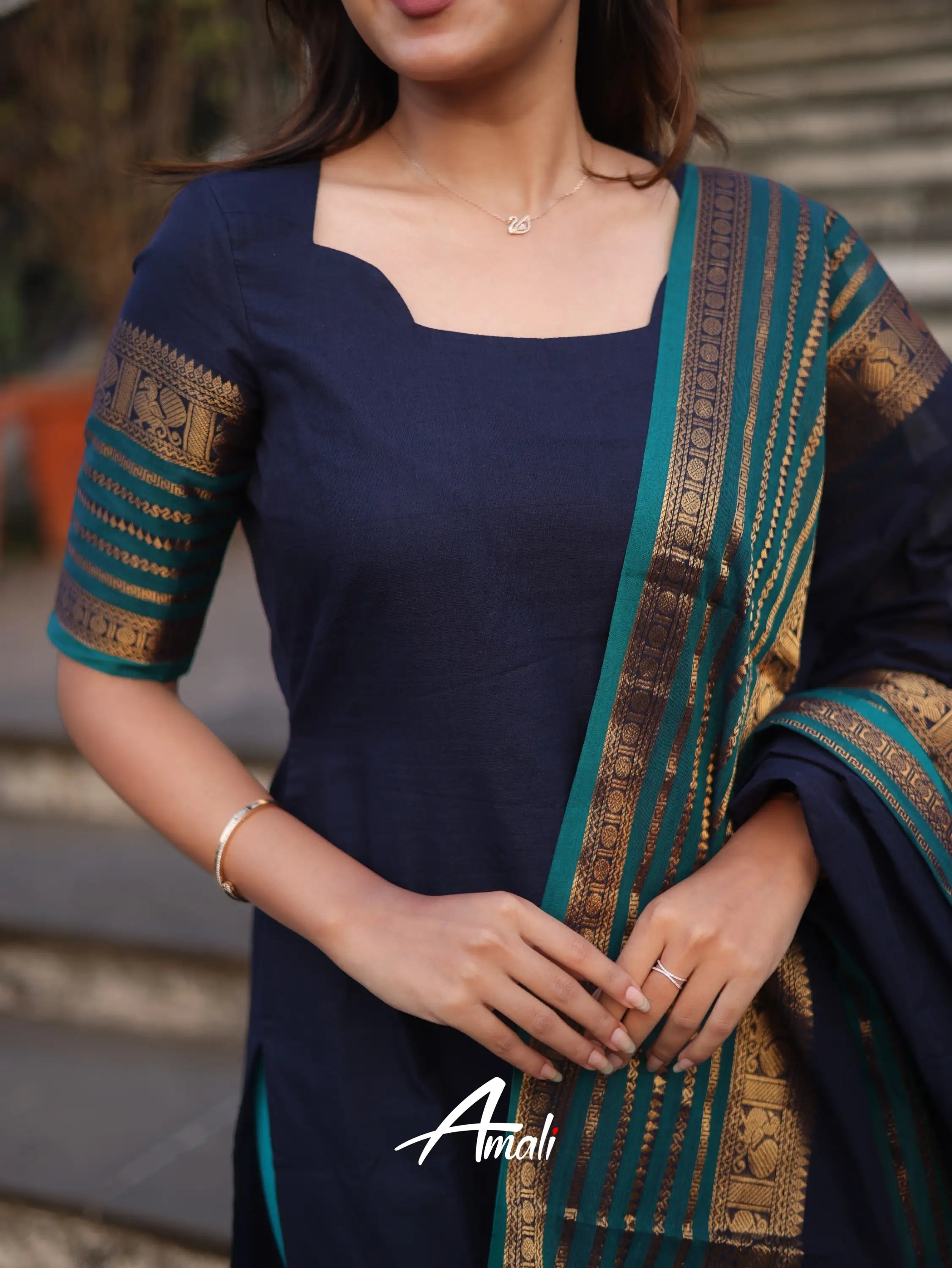 Navy Blue Kanchi Cotton Kurti with Designer Dupatta