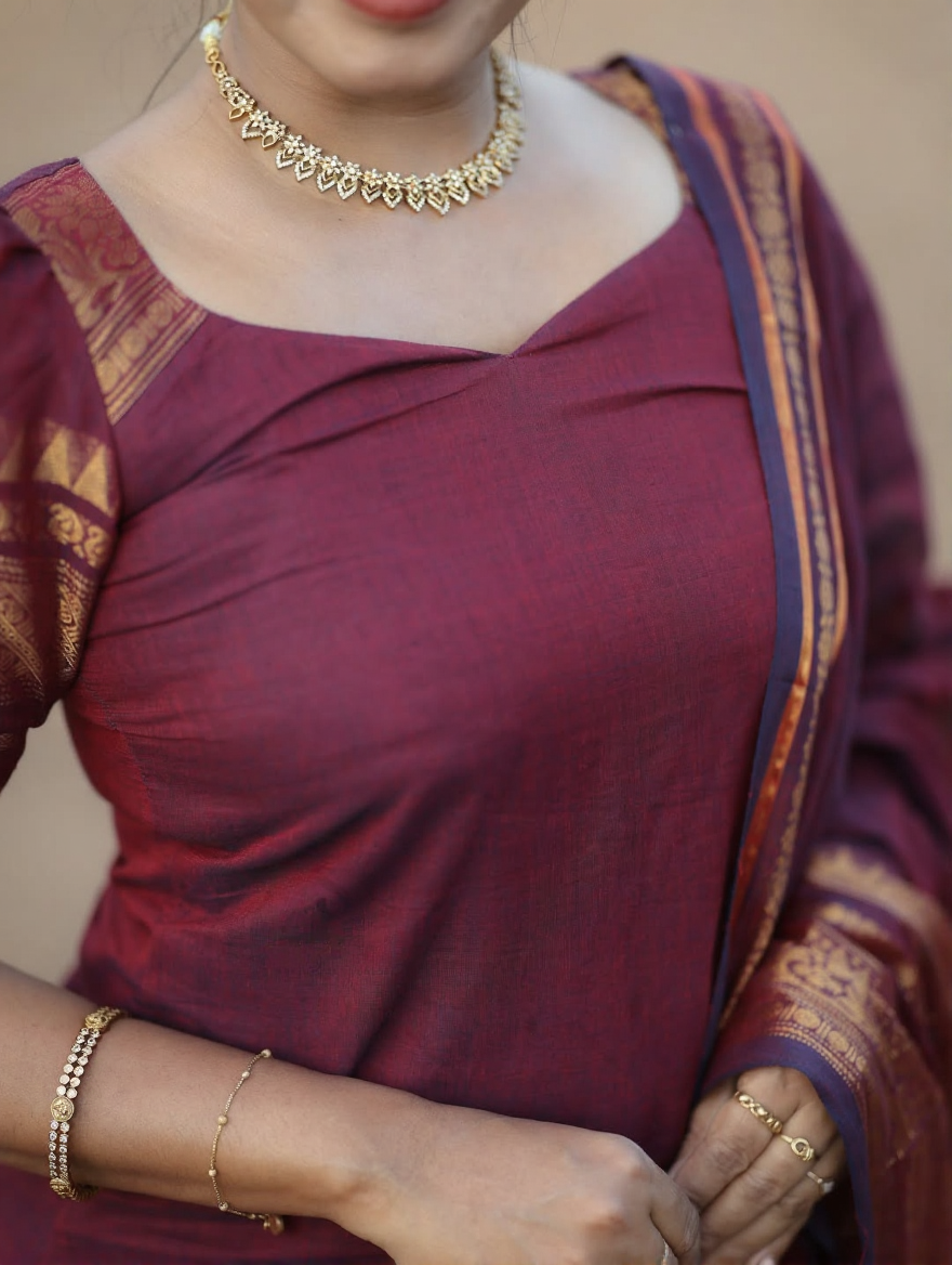 Maroon Kanchi Cotton Kurta Set with Dupatta