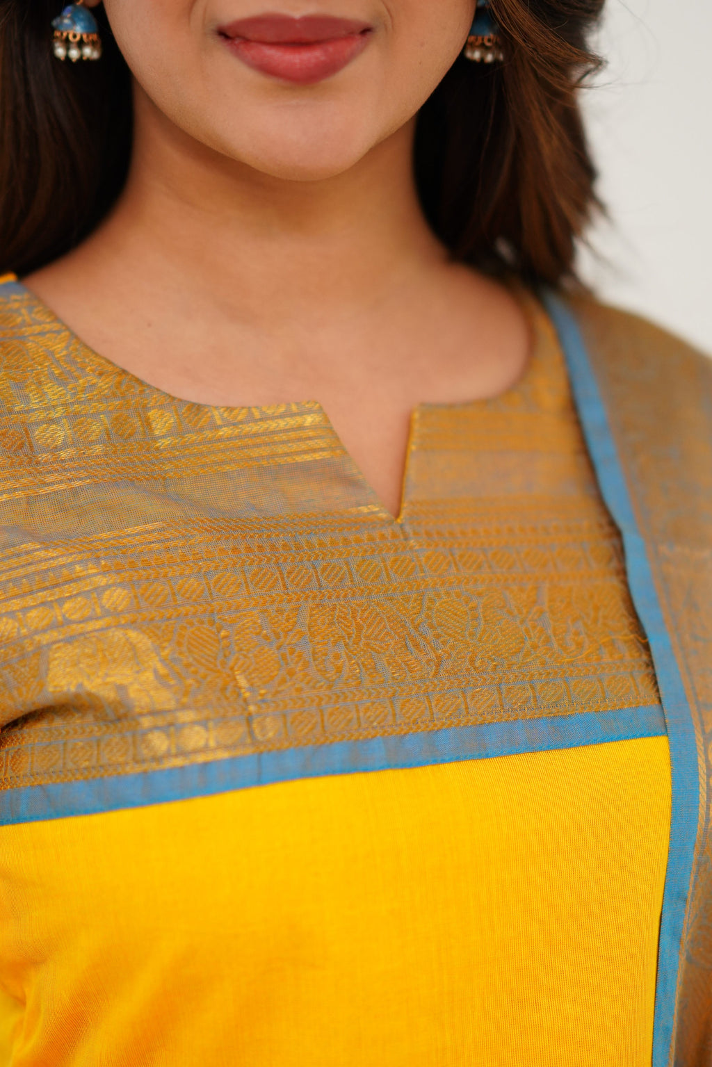 Bright Yellow Kanchi Cotton Kurti with Sky Blue Zari Dupatta