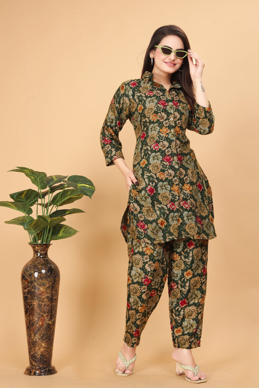 Dark Green Floral Print Co-Ord Set for Women – Stylish & Trendy