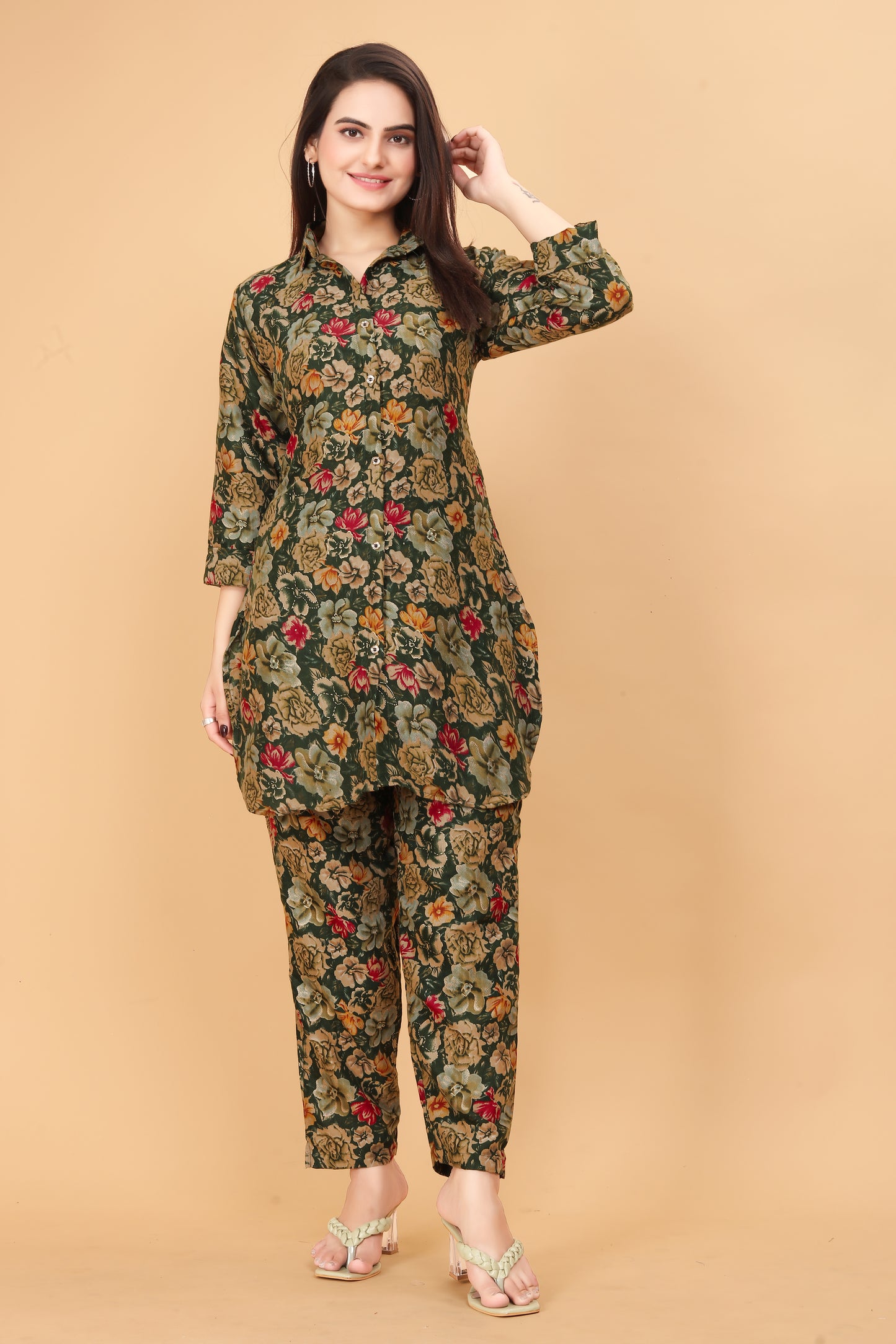 Dark Green Floral Print Co-Ord Set for Women – Stylish & Trendy