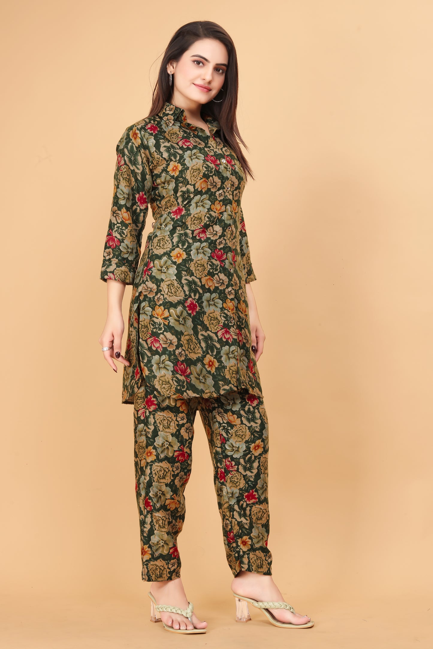 Dark Green Floral Print Co-Ord Set for Women – Stylish & Trendy