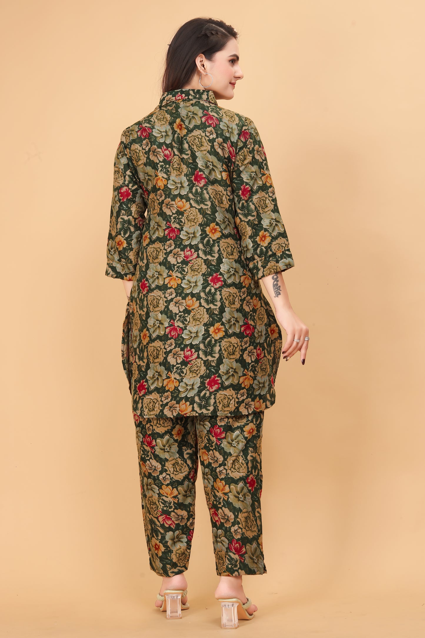 Dark Green Floral Print Co-Ord Set for Women – Stylish & Trendy