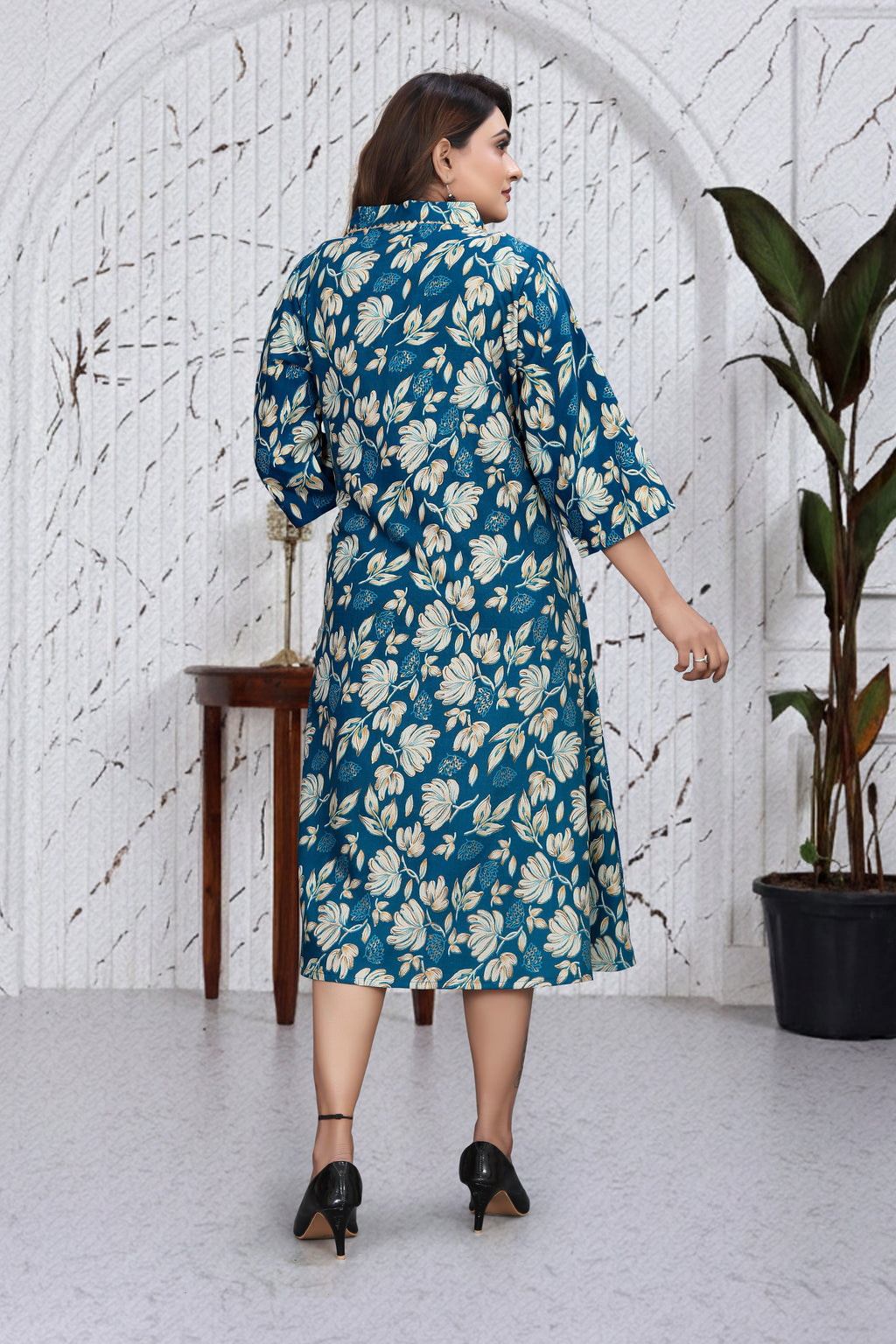 Teal Blue Floral A-Line Dress Kurti | Chic Indo-Western Casual Wear