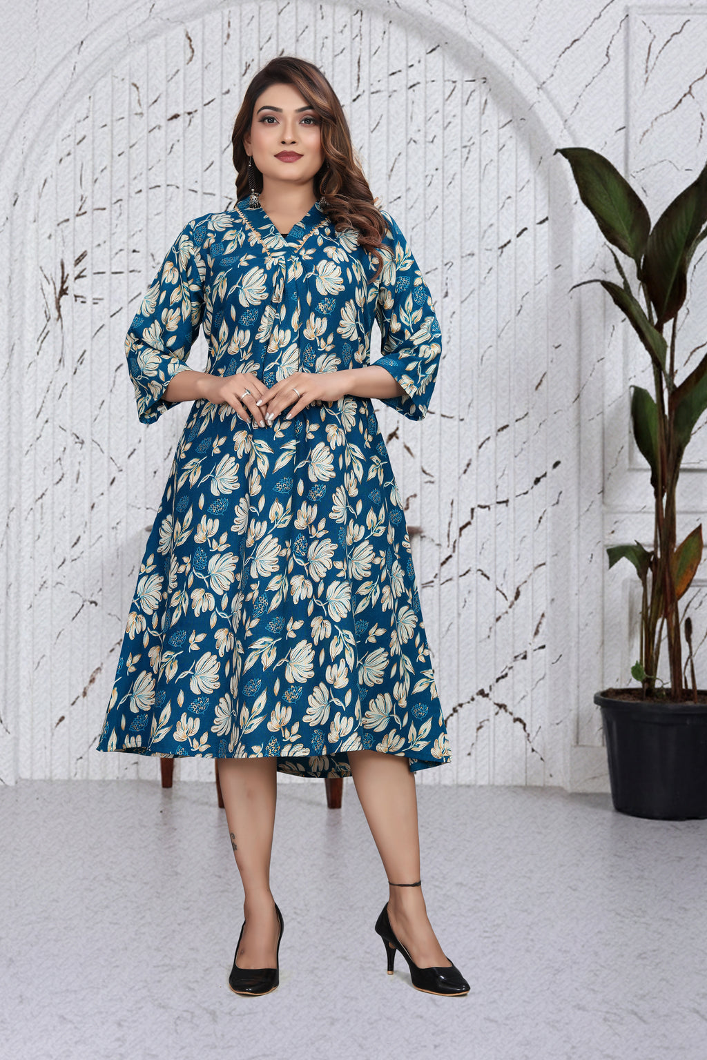 Teal Blue Floral A-Line Dress Kurti | Chic Indo-Western Casual Wear