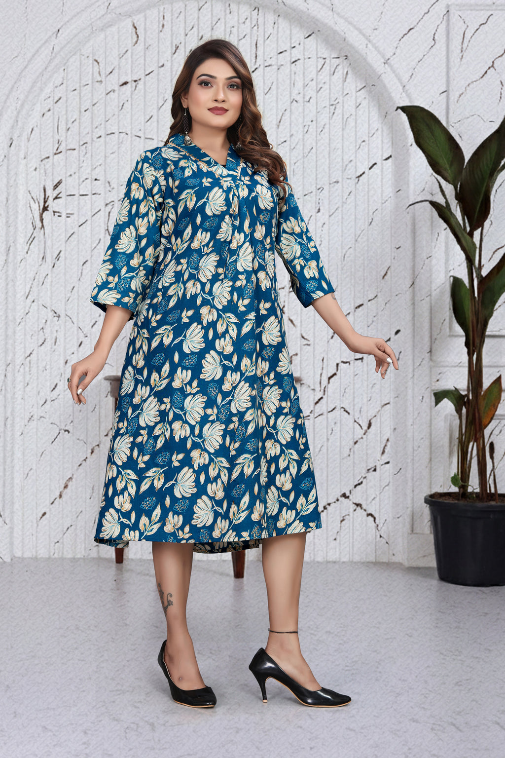Teal Blue Floral A-Line Dress Kurti | Chic Indo-Western Casual Wear