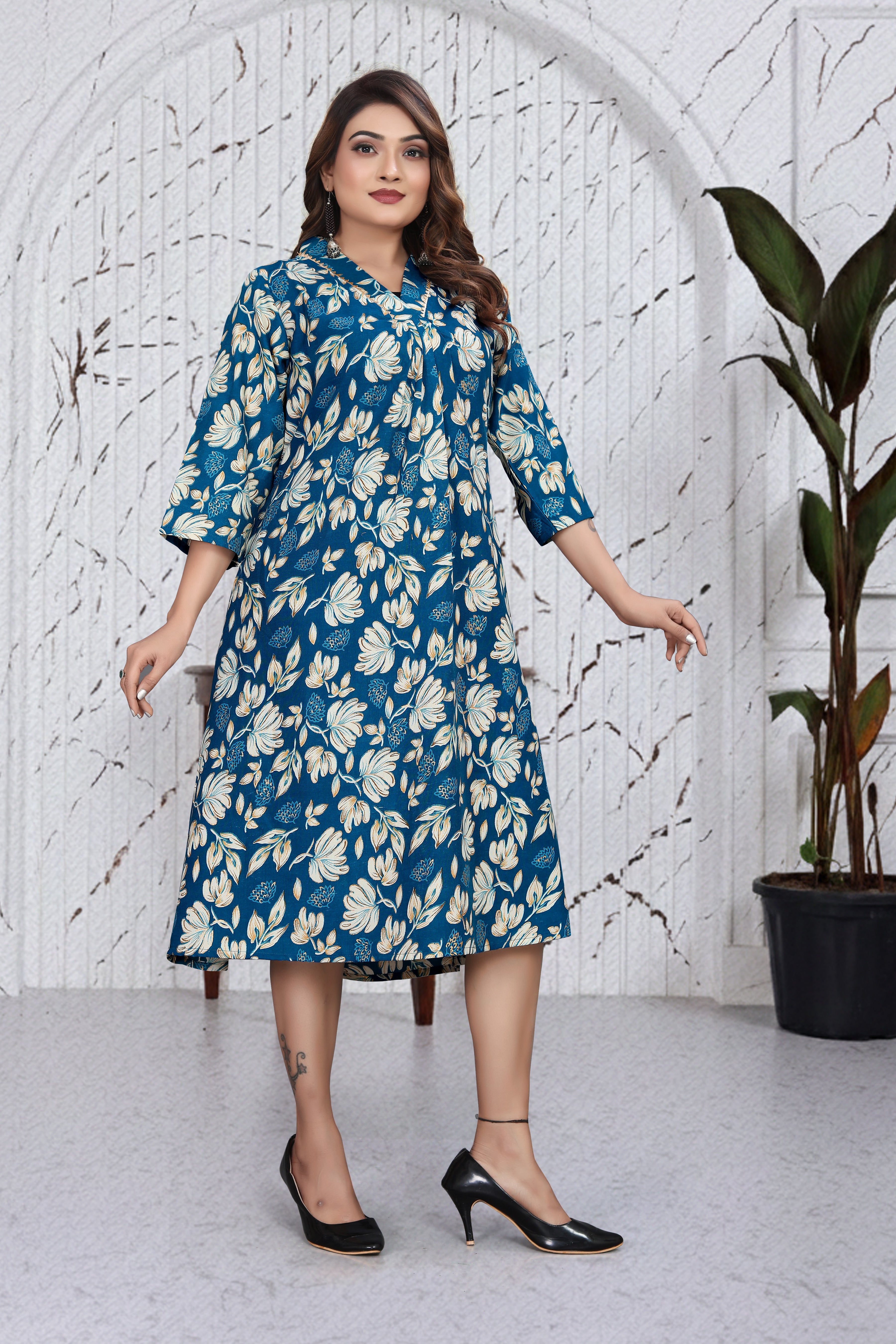 Teal Blue Floral A-Line Dress Kurti | Chic Indo-Western Casual Wear