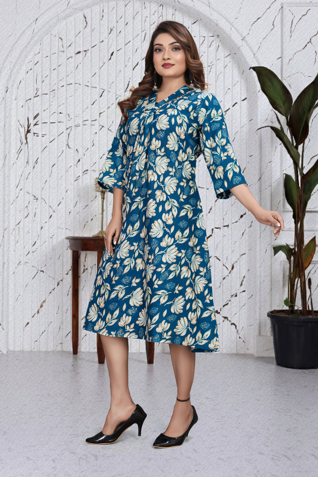 Teal Blue Floral A-Line Dress Kurti | Chic Indo-Western Casual Wear