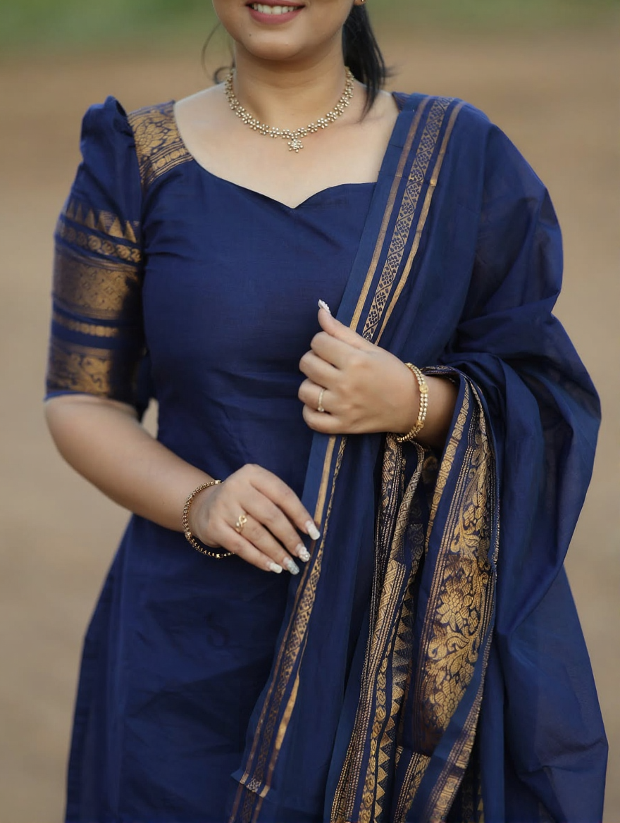 Navy Blue Kanchi Cotton Kurta Set with Dupatta