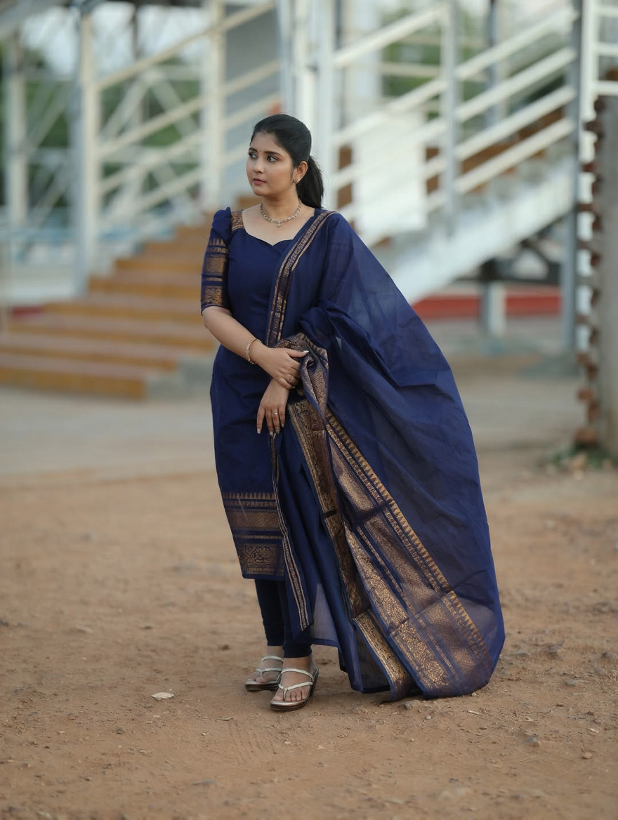 Navy Blue Kanchi Cotton Kurta Set with Dupatta