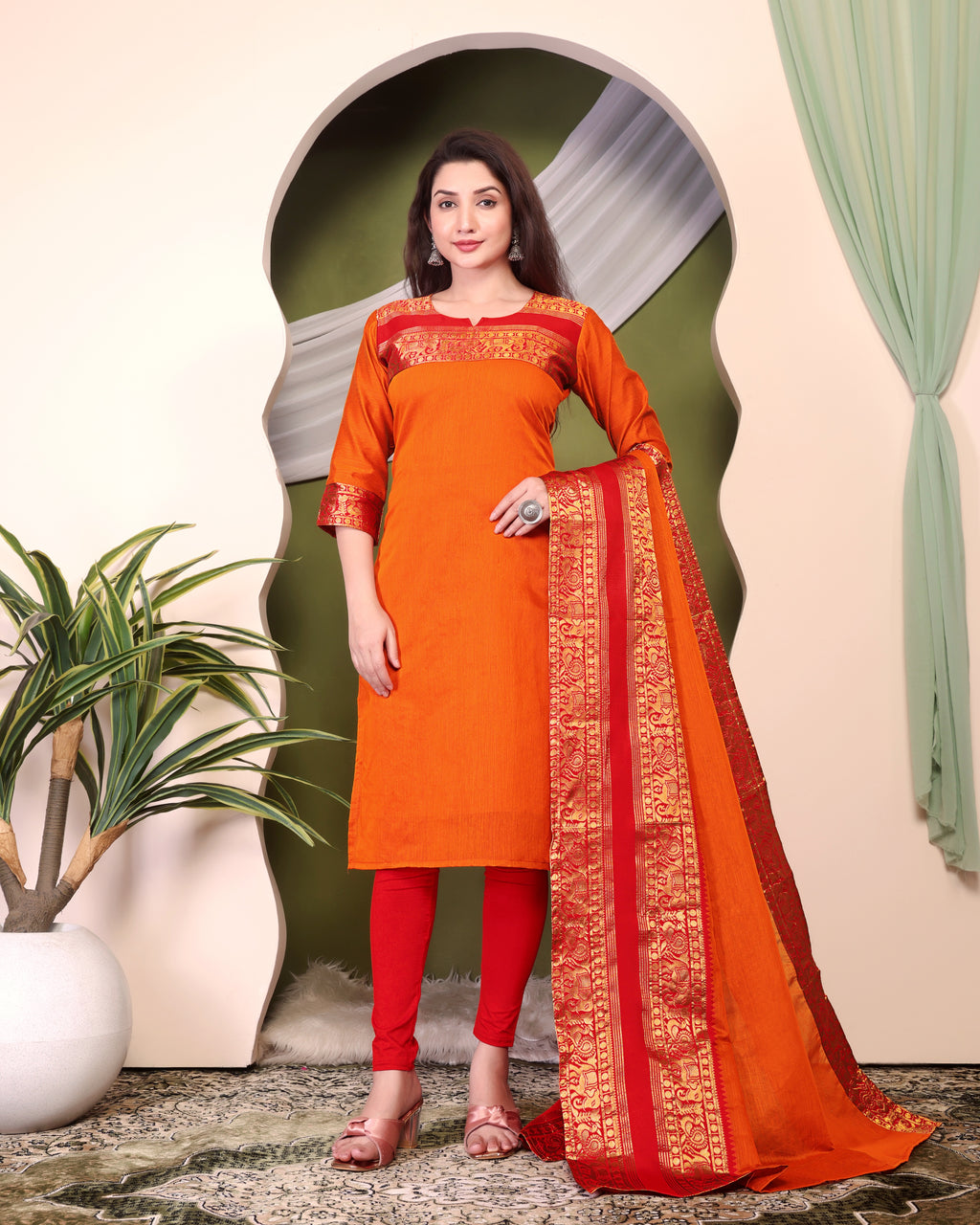 Vibrant Orange Kanchi Cotton Kurti Set with Rich Zari Dupatta