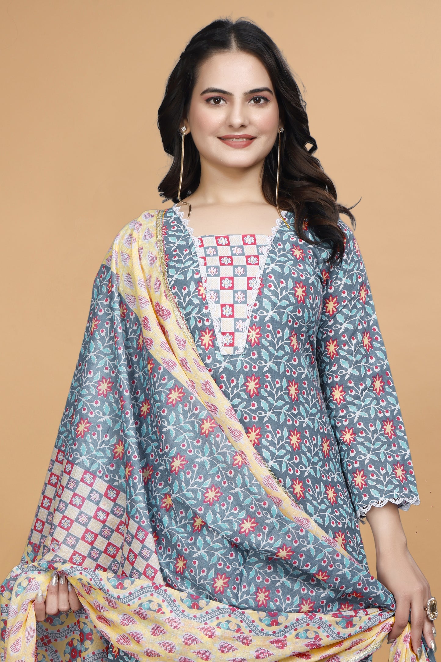 Cyan Blue Cotton Kurta Pant Set with Floral Print & Dupatta