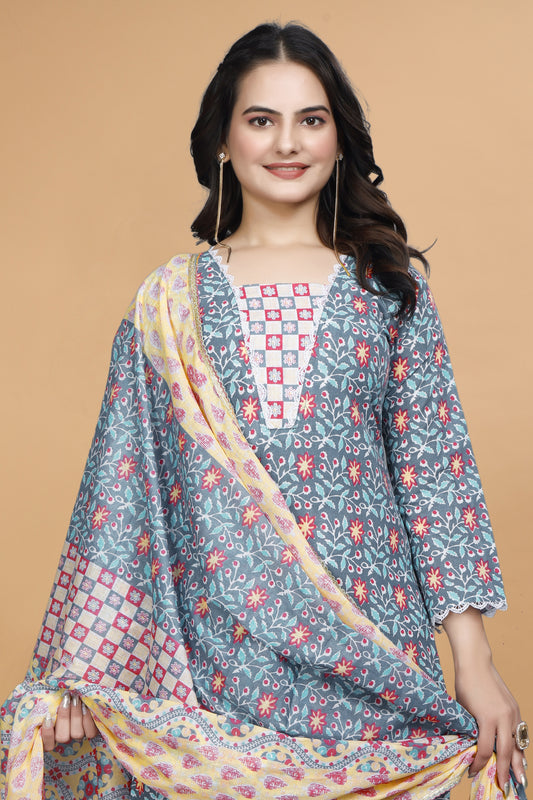 Cyan Blue Cotton Kurta Pant Set with Floral Print & Dupatta
