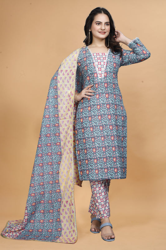 Cyan Blue Cotton Kurta Pant Set with Floral Print & Dupatta
