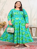 Plus Size Cyan Green Bandhani Print Maxi Gown – Ethnic Flared Dress for Women