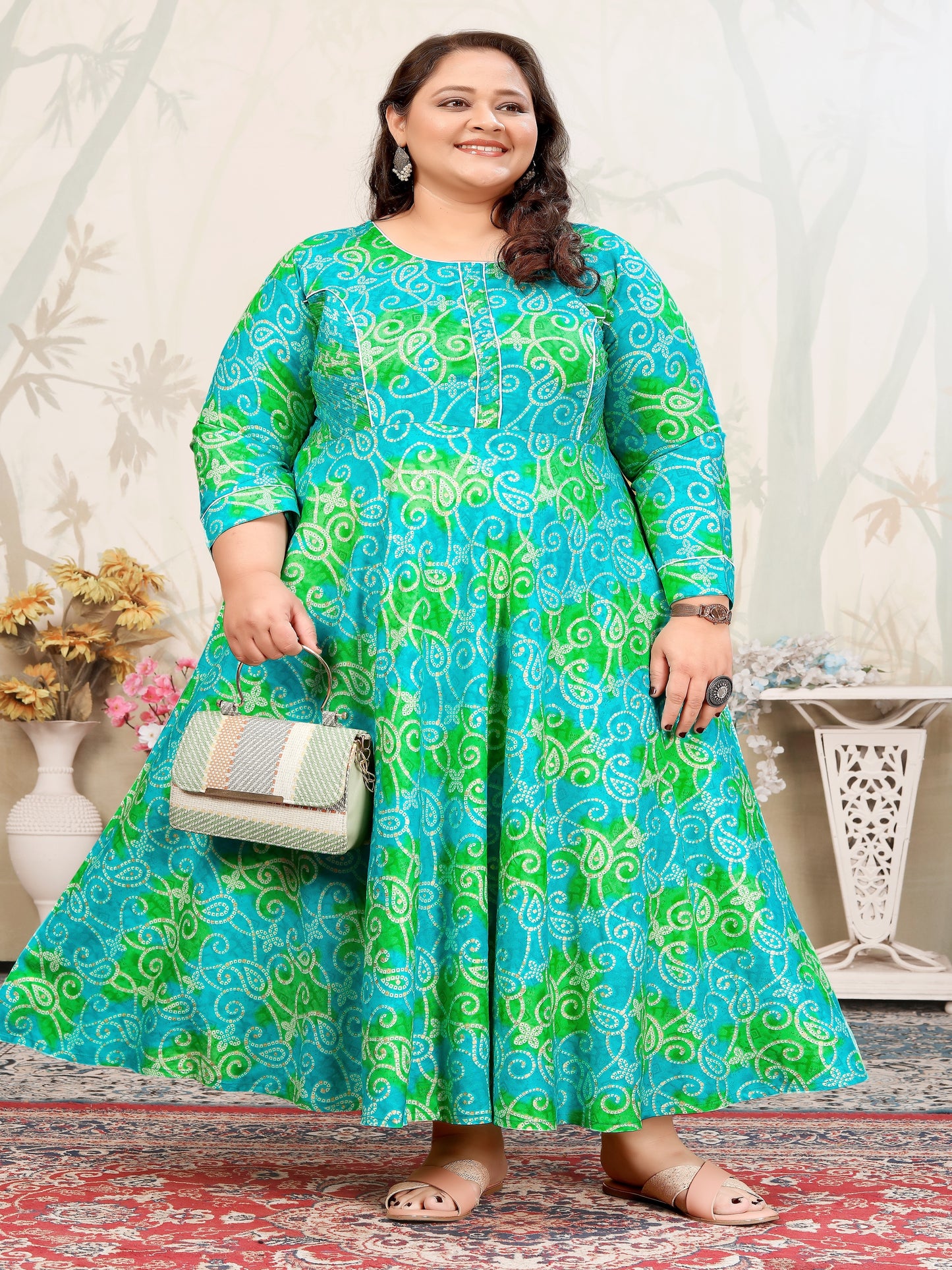 Plus Size Cyan Green Bandhani Print Maxi Gown – Ethnic Flared Dress for Women