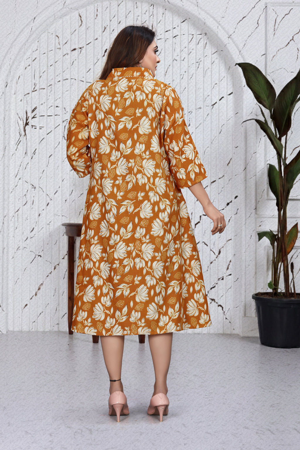 Rust Orange Floral A-Line Dress Kurti | Elegant Everyday Chic Outfit